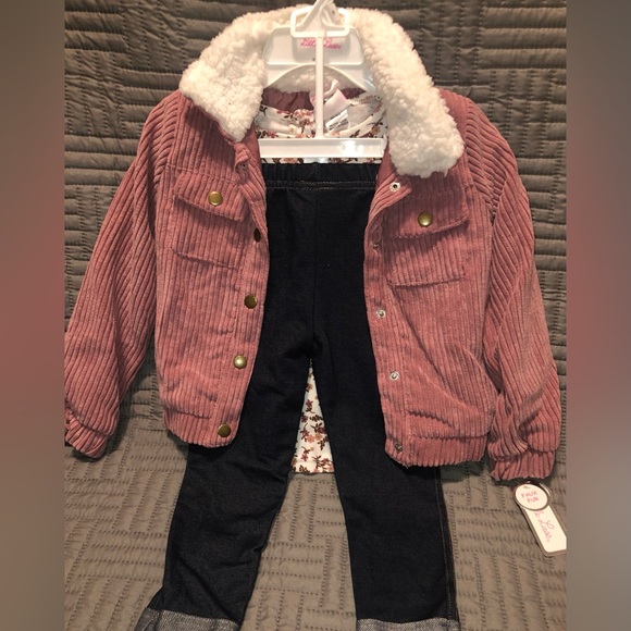KIDS Little Lass 3 piece Pink Corduroy Jacket Stretchy Jeans Flowered Top